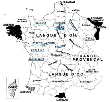 Carte de la France, sur laquelle sont soulignés : normand, français de l’Île-de-France, champenois, galle, angevin, tourangeau, berrichon, poitevin, saintongeais.
