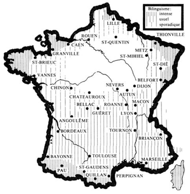 Carte de la France, sur laquelle certaines aires sont mises en évidence.