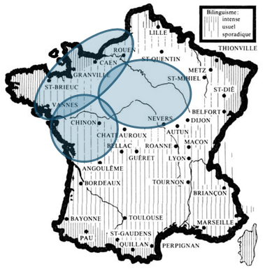 Carte de la France, sur laquelle certaines aires sont encerclées.